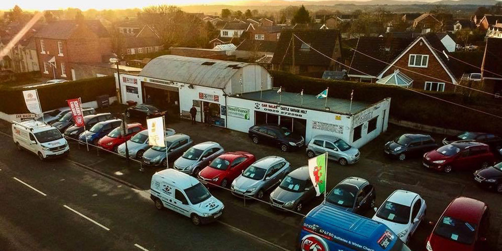 Aerial view of M&N Davies Car Sales based in Holt, Wrexham